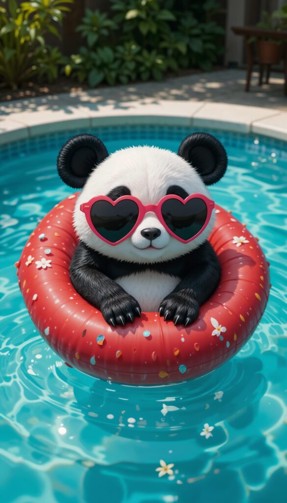 Panda_With_Heart_Shaped_Sunglasses_On_Strawberry_Pool_Float_Cute_Wallpaper_For_Phone