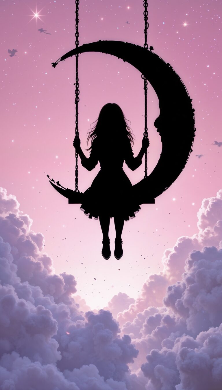 Pastel_Pink_Sky_With_Fluffy_Clouds_Girl_On_Swing_Hanging_From_The_Moon_Dreamy_Aesthetic_mobile_phone_wallpaper_HD_Best_Wallpapers_for_Girls
