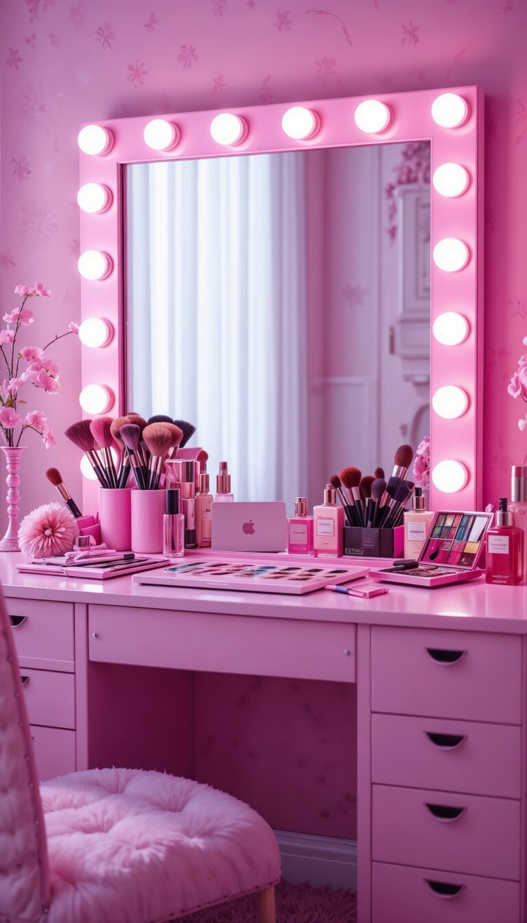 Pink_Makeup_Desk_With_Brushes_Palettes_Perfume_Bottles_And_Lit_Mirror_Girly_Aesthetic_mobile_phone_wallpaper_HD_Best_Wallpapers_for_Girls