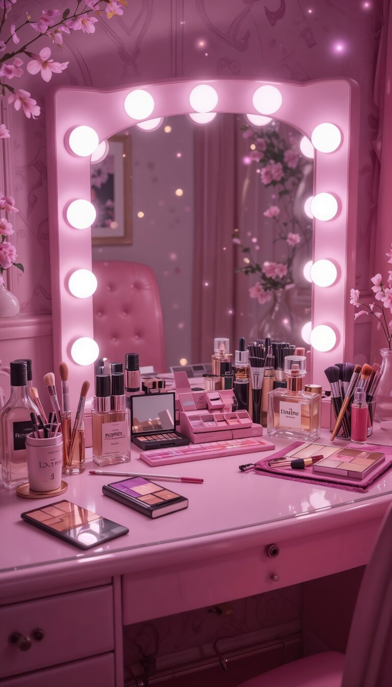 Pink_Makeup_Desk_With_Brushes_Palettes_Perfume_Bottles_And_Lit_Mirror_Girly_Aesthetic_mobile_phone_wallpaper_HD_Best_Wallpapers_for_Girls