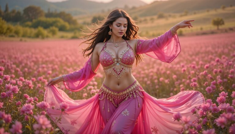 Pink_Sequin_Curvy_Belly_Dancer_Dancing_In_Flower_Field_mobile_phone_wallpaper_HD