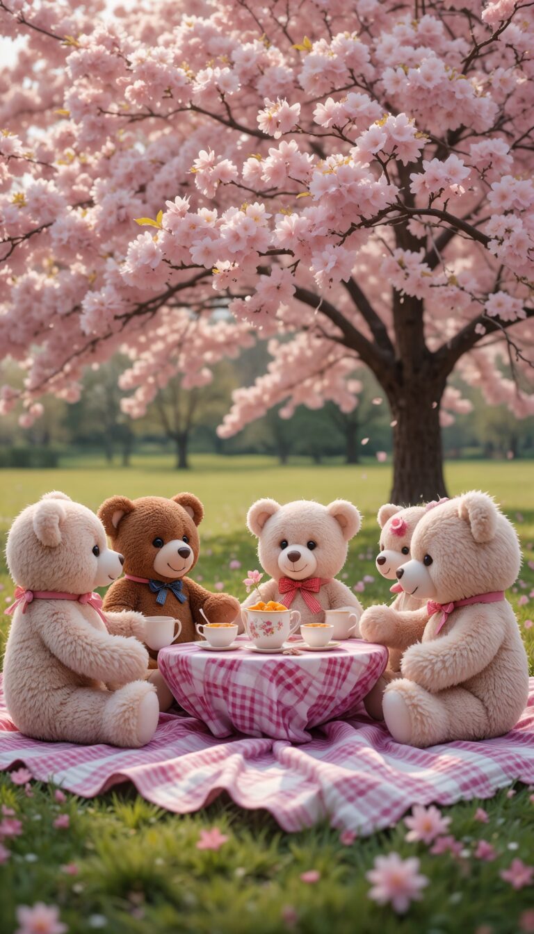 Plush_Teddy_Bears_Tea_Party_On_Gingham_Blanket_Under_Cherry_Blossom_Cute_Wallpaper_For_Phone