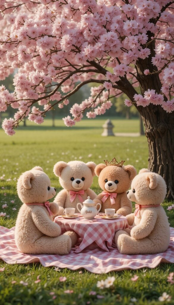 Plush_Teddy_Bears_Tea_Party_On_Gingham_Blanket_Under_Cherry_Blossom_Cute_Wallpaper_For_Phone