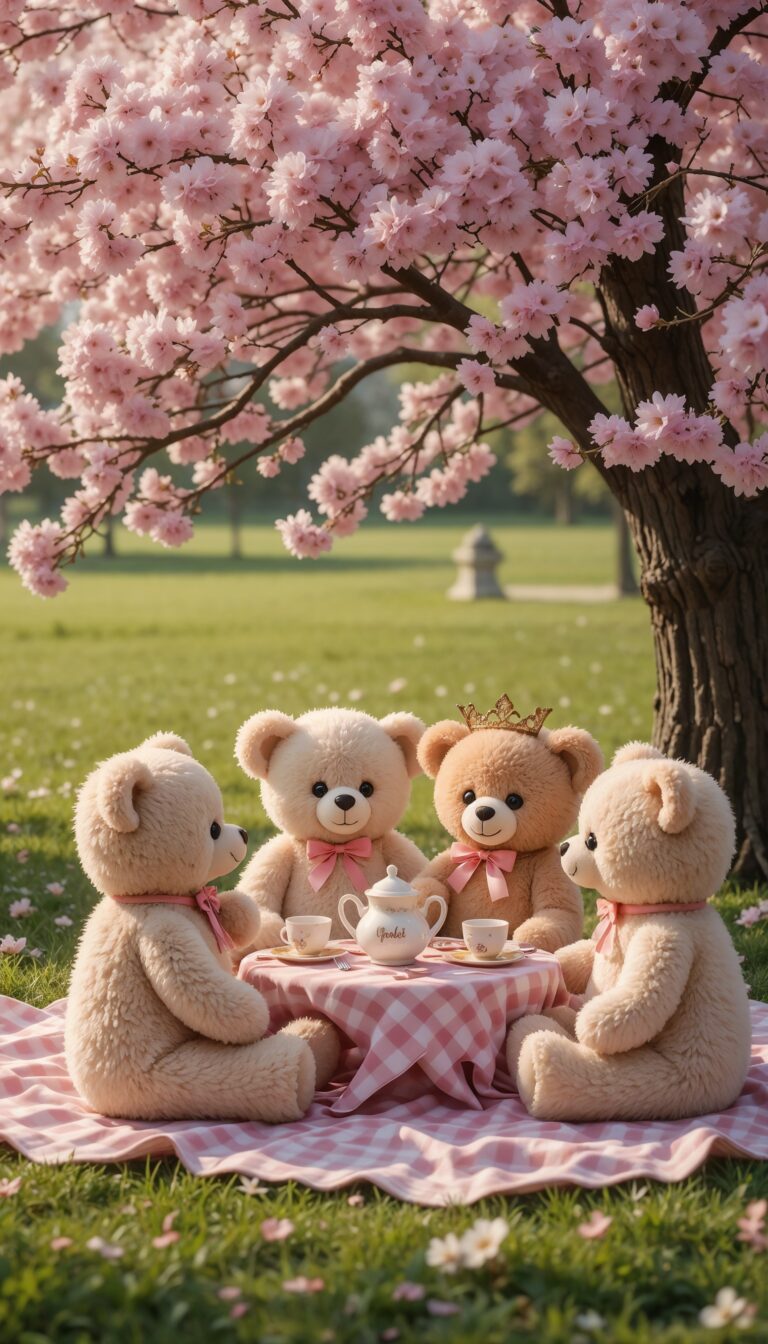 Plush_Teddy_Bears_Tea_Party_On_Gingham_Blanket_Under_Cherry_Blossom_Cute_Wallpaper_For_Phone