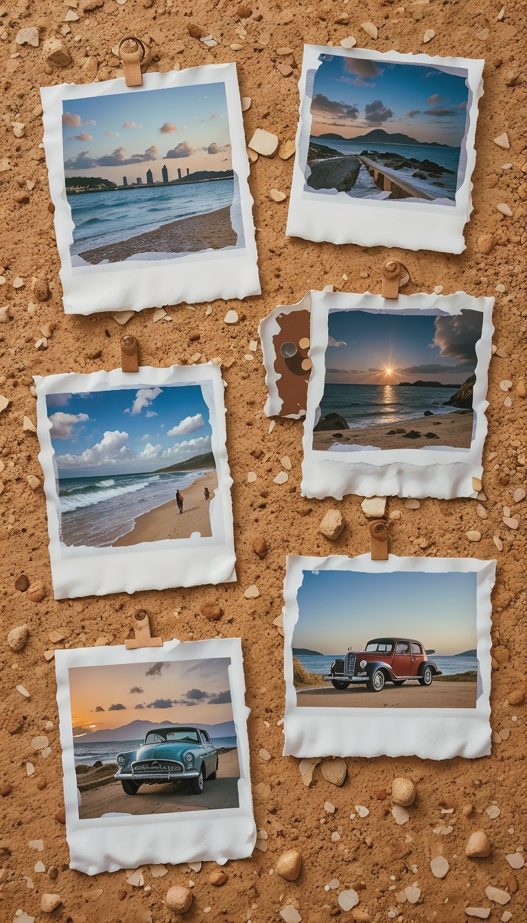 Polaroid_Aesthetic_With_Beach_Snapshots_And_Vintage_Cars_On_Corkboard_mobile_phone_wallpaper_HD