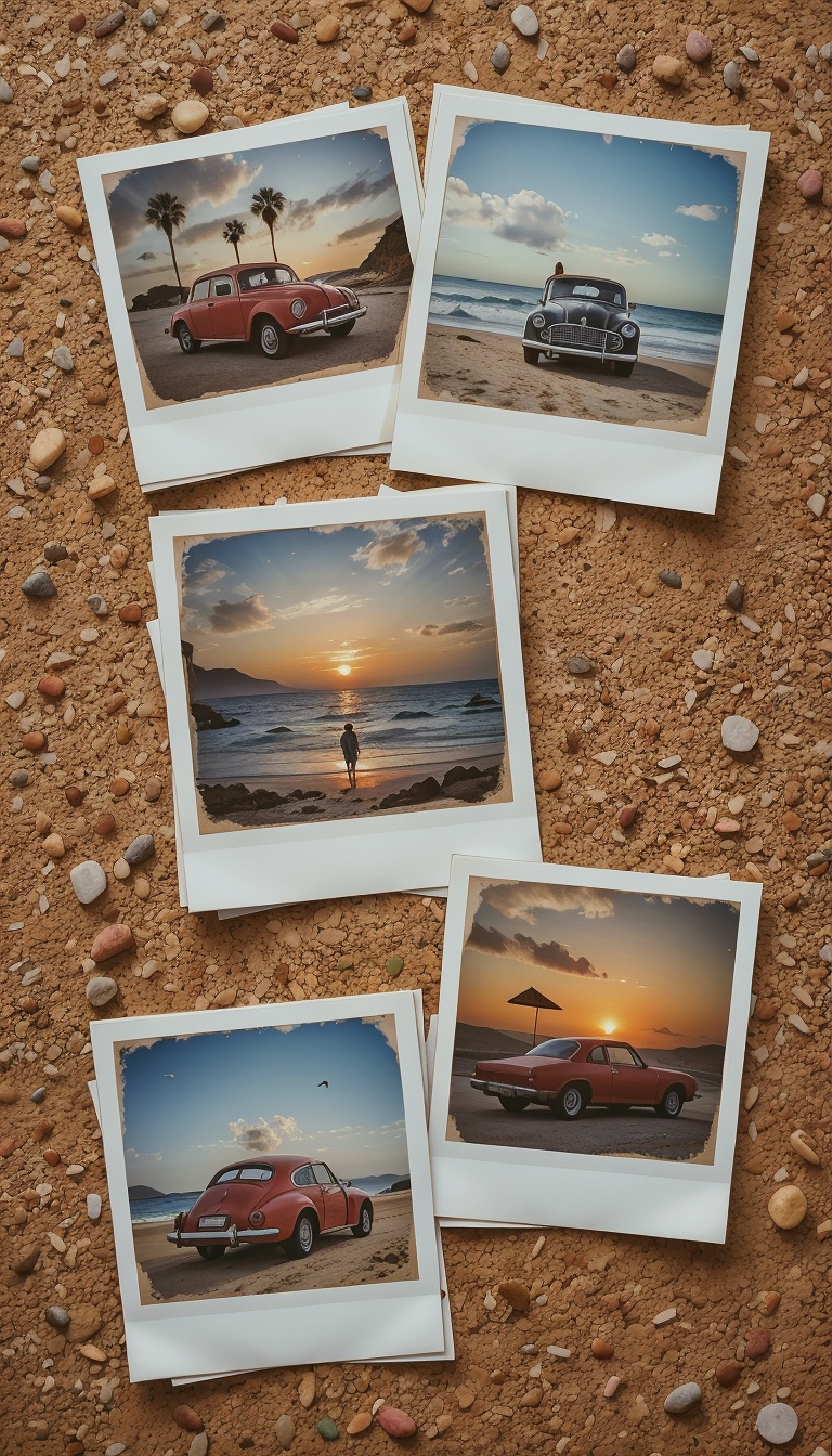 Polaroid_Aesthetic_With_Beach_Snapshots_And_Vintage_Cars_On_Corkboard_mobile_phone_wallpaper_HD