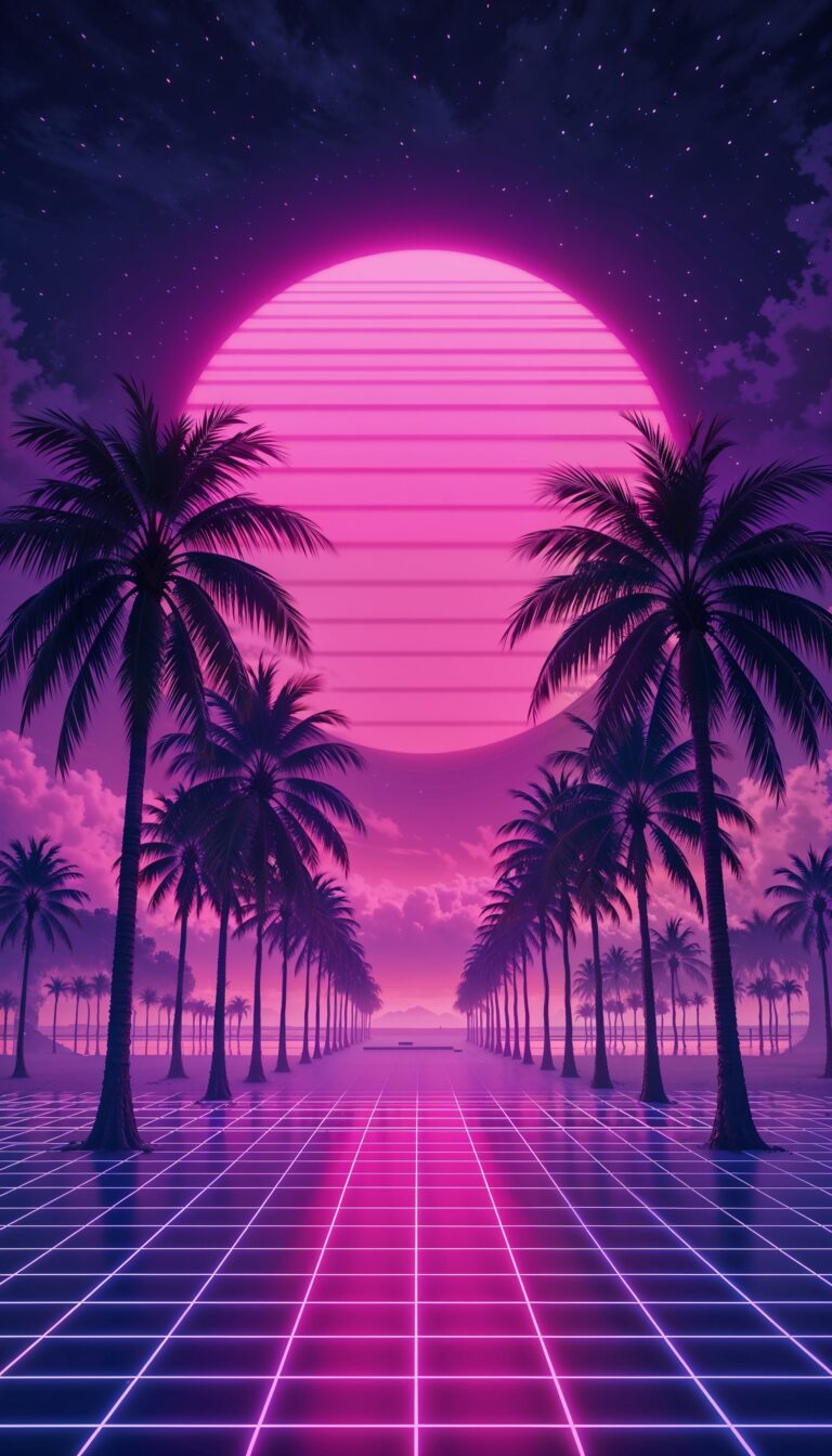 Retro_Vaporwave_Neon_Grid_With_Palm_Trees_Purple_Pink_Sky_mobile_phone_wallpaper_HD