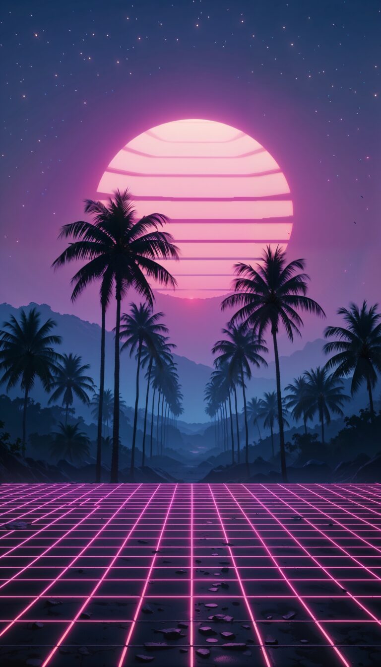Retro_Vaporwave_Neon_Grid_With_Palm_Trees_Purple_Pink_Sky_mobile_phone_wallpaper_HD