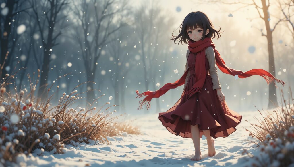 A Red Scarf in White Silence – Sad Anime 1 Romantic_Sad_Anime_Girl_In_Red_Scarf_Walking_Barefoot_Through_Snow_Image_Of_Sad_Anime