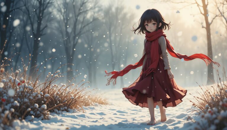 Romantic_Sad_Anime_Girl_In_Red_Scarf_Walking_Barefoot_Through_Snow_Image_Of_Sad_Anime