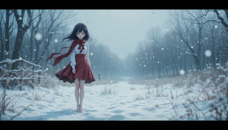 Romantic_Sad_Anime_Girl_In_Red_Scarf_Walking_Barefoot_Through_Snow_Image_Of_Sad_Anime
