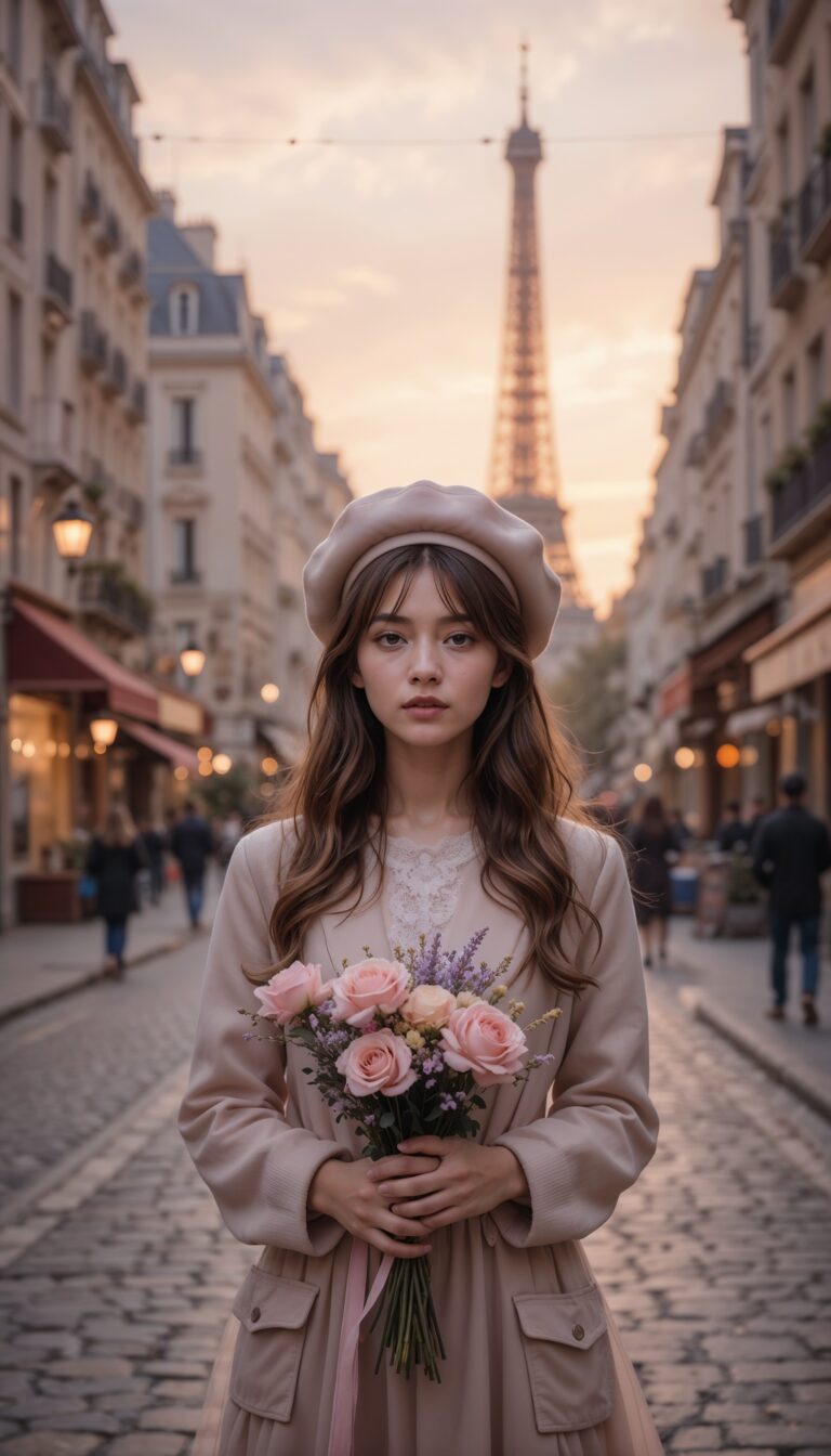 Romantic_Paris_Street_Scene_At_Dusk_Girl_In_Beret_Holding_Flowers_Soft_Pink_And_Beige_Tones_mobile_phone_wallpaper_HD_Best_Wallpapers_for_Girls