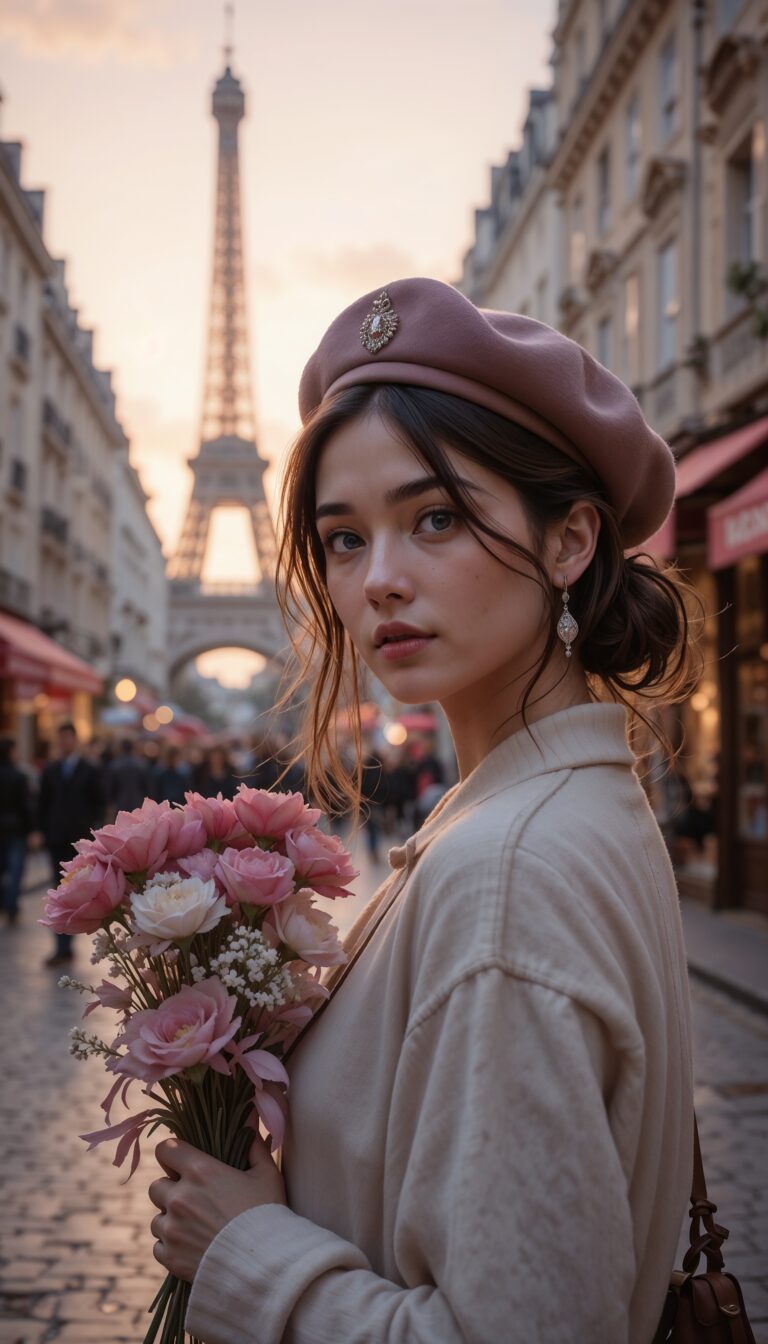 Romantic_Paris_Street_Scene_At_Dusk_Girl_In_Beret_Holding_Flowers_Soft_Pink_And_Beige_Tones_mobile_phone_wallpaper_HD_Best_Wallpapers_for_Girls