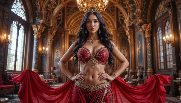 Ruby_Red_Belly_Dancer_With_Voluptuous_Figure_Hips_42_Waist_30_Chest_40_Inside_Arabian_Palace_Interior_mobile_phone_wallpaper_HD