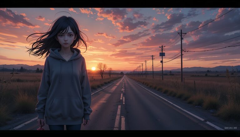 Sad_Anime_Girl_In_Hoodie_Walking_On_Abandoned_Road_At_Sunset_With_Rose_Image_Of_Sad_Anime