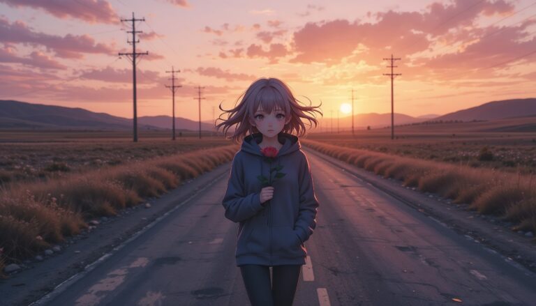 Sad_Anime_Girl_In_Hoodie_Walking_On_Abandoned_Road_At_Sunset_With_Rose_Image_Of_Sad_Anime