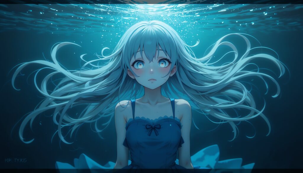 Ocean of Tears – Sad Anime Beauty 1 Sad_Anime_Girl_Underwater_With_Glowing_Eyes_And_Blue_Dress_Image_Of_Sad_Anime