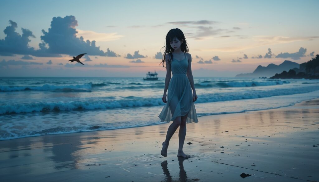 Sad_Anime_Girl_Barefoot_On_Beach_With_Wet_Dress_At_Twilight_Image_Of_Sad_Anime