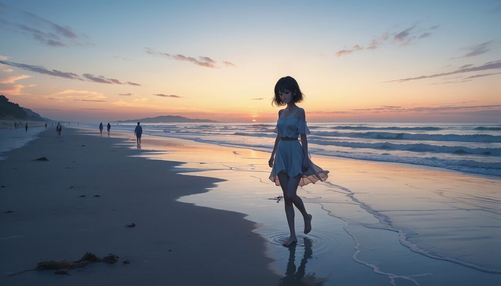 Sad_Anime_Girl_Barefoot_On_Beach_With_Wet_Dress_At_Twilight_Image_Of_Sad_Anime