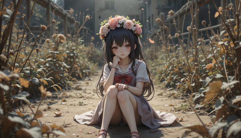 Sad_Anime_Girl_With_Flower_Crown_Sitting_In_Dry_Garden_With_Falling_Petals_Image_Of_Sad_Anime