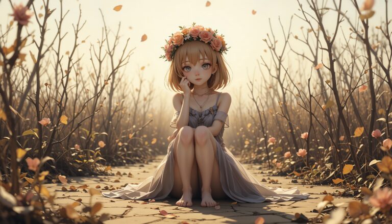 Sad_Anime_Girl_With_Flower_Crown_Sitting_In_Dry_Garden_With_Falling_Petals_Image_Of_Sad_Anime