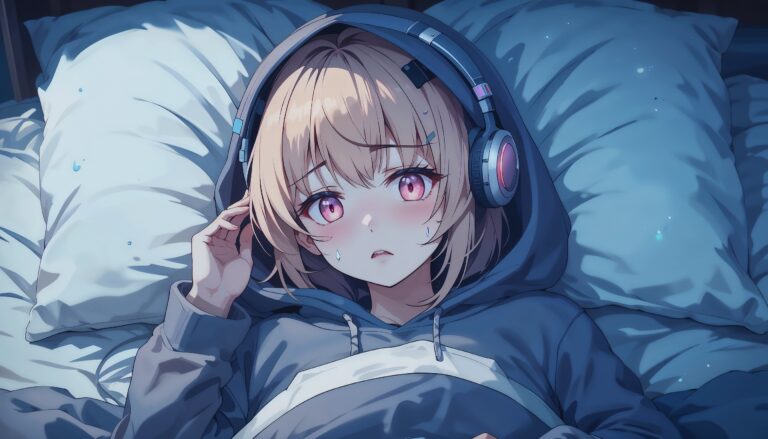 Sad_Anime_Girl_In_Hoodie_Lying_In_Bed_With_Headphones_And_Tear_On_Cheek_Image_Of_Sad_Anime