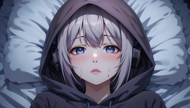 Sad_Anime_Girl_In_Hoodie_Lying_In_Bed_With_Headphones_And_Tear_On_Cheek_Image_Of_Sad_Anime