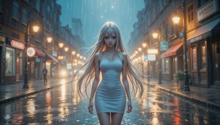 Sad_Anime_Girl_With_Long_Hair_In_Tight_White_Dress_Under_Rain_Lonely_Street_Image_Of_Sad_Anime