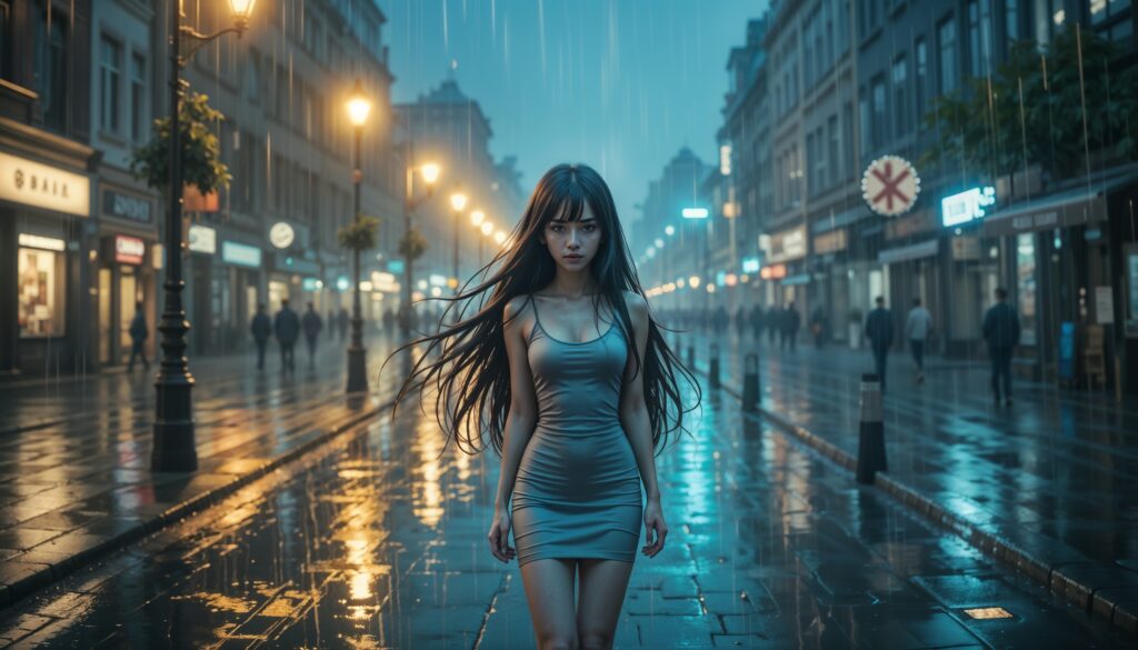 Sad_Anime_Girl_With_Long_Hair_In_Tight_White_Dress_Under_Rain_Lonely_Street_Image_Of_Sad_Anime