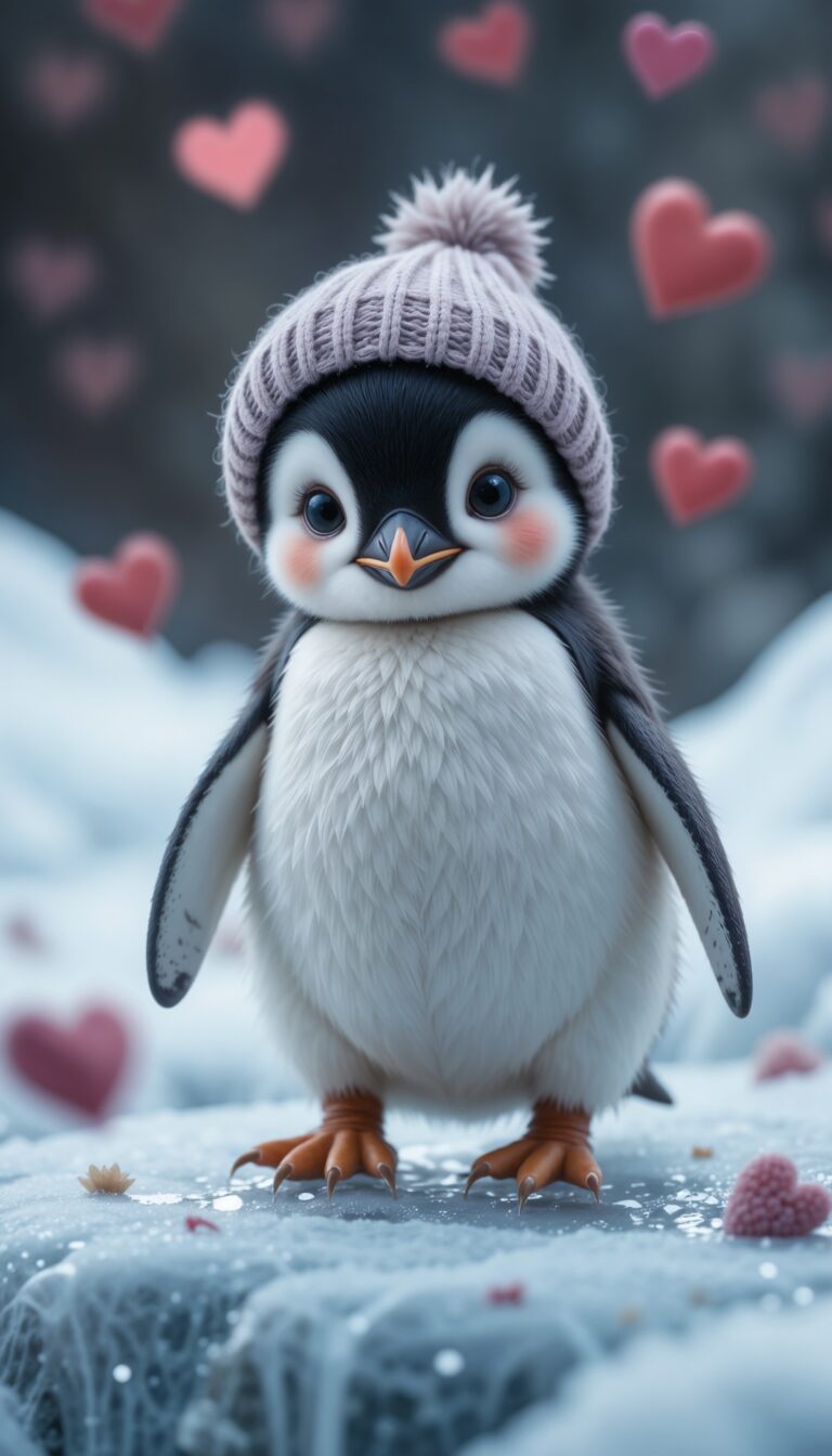 Shy_Baby_Penguin_Wearing_Knitted_Hat_With_Hearts_On_Ice_Cute_Wallpaper_For_Phone