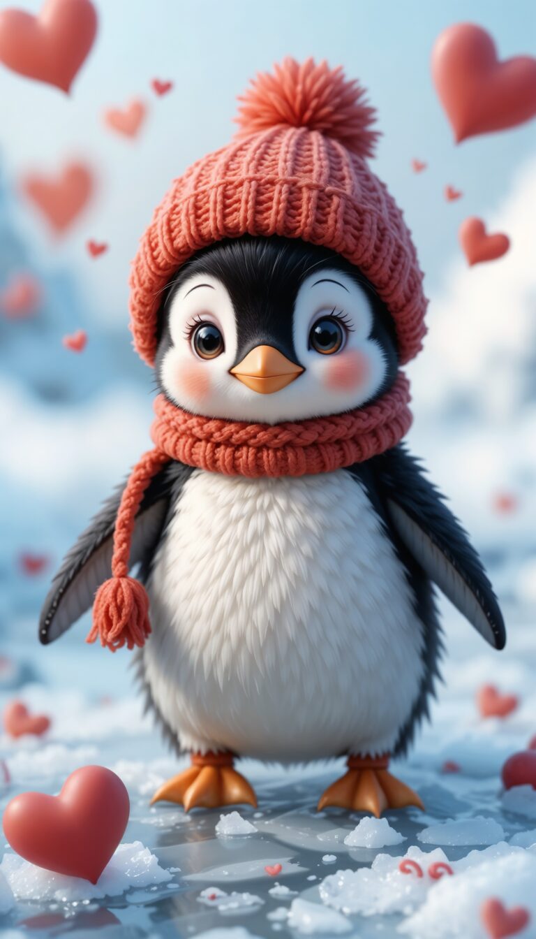 Shy_Baby_Penguin_Wearing_Knitted_Hat_With_Hearts_On_Ice_Cute_Wallpaper_For_Phone