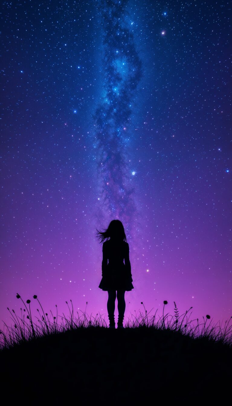 Silhouette_Of_Girl_Stargazing_On_A_Hill_Under_Vibrant_Purple_And_Blue_Night_Sky_Constellations_mobile_phone_wallpaper_HD_Best_Wallpapers_for_Girls