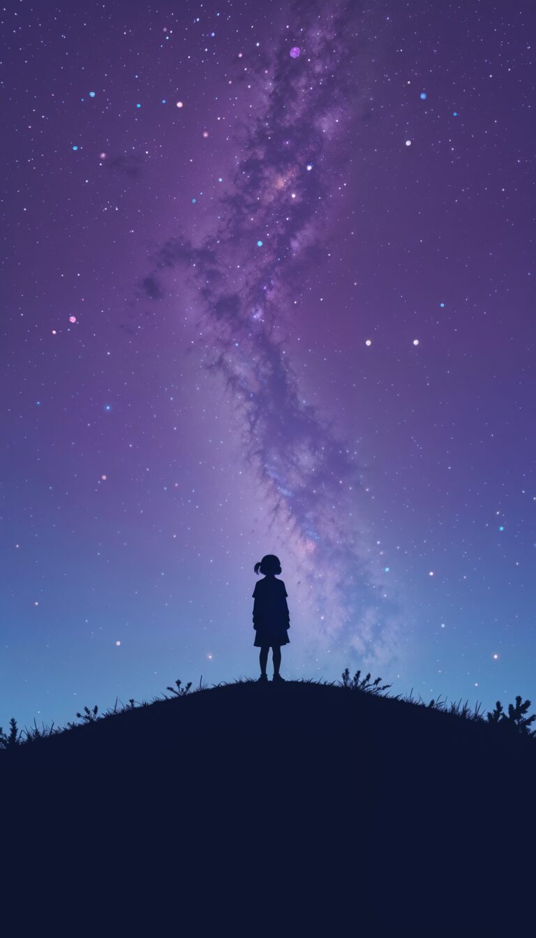 Silhouette_Of_Girl_Stargazing_On_A_Hill_Under_Vibrant_Purple_And_Blue_Night_Sky_Constellations_mobile_phone_wallpaper_HD_Best_Wallpapers_for_Girls