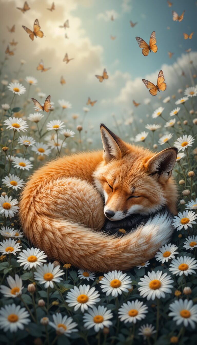 Sleeping_Fox_In_Daisy_Flower_Bed_With_Butterflies_Cute_Wallpaper_For_Phone
