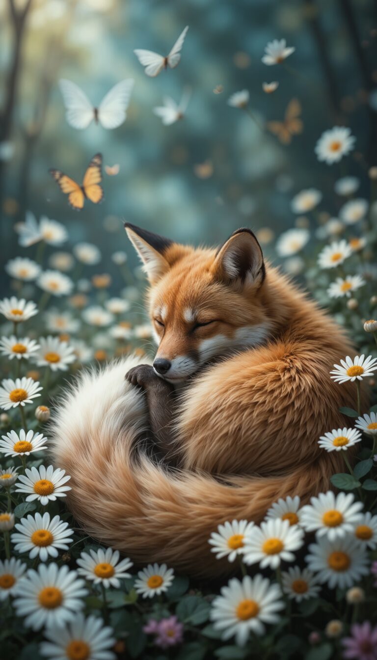 Sleeping_Fox_In_Daisy_Flower_Bed_With_Butterflies_Cute_Wallpaper_For_Phone
