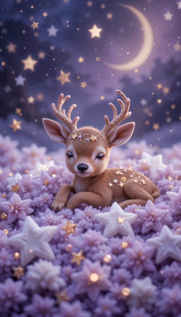 Sleepy_Baby_Deer_Lying_In_Plush_Stars_On_Lilac_Dreamscape_Cute_Wallpaper_For_Phone