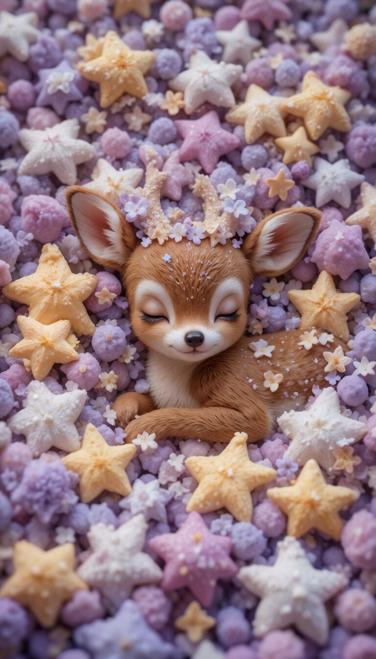 Sleepy_Baby_Deer_Lying_In_Plush_Stars_On_Lilac_Dreamscape_Cute_Wallpaper_For_Phone