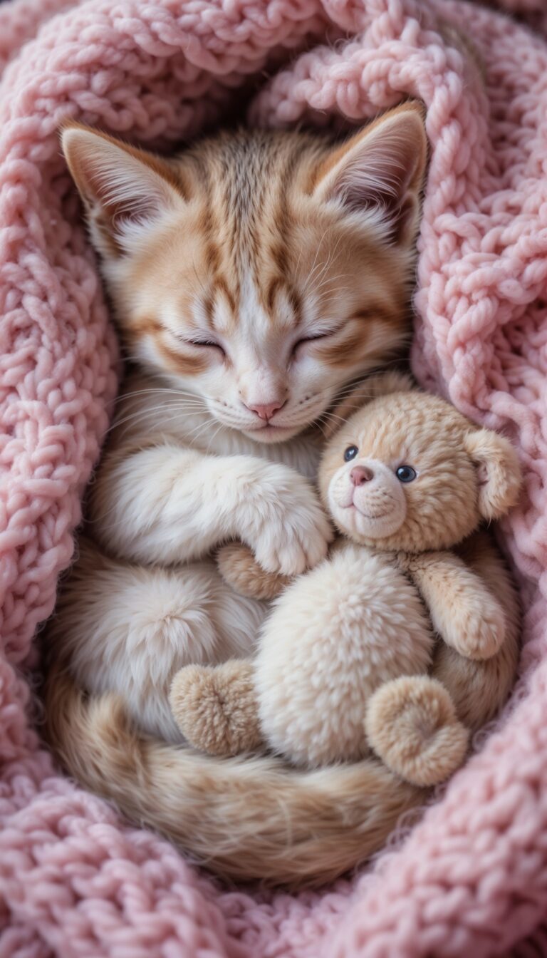 Sleepy_Kitten_With_Teddy_Bear_Under_Pink_Knitted_Blanket_Cute_Wallpaper_For_Phone
