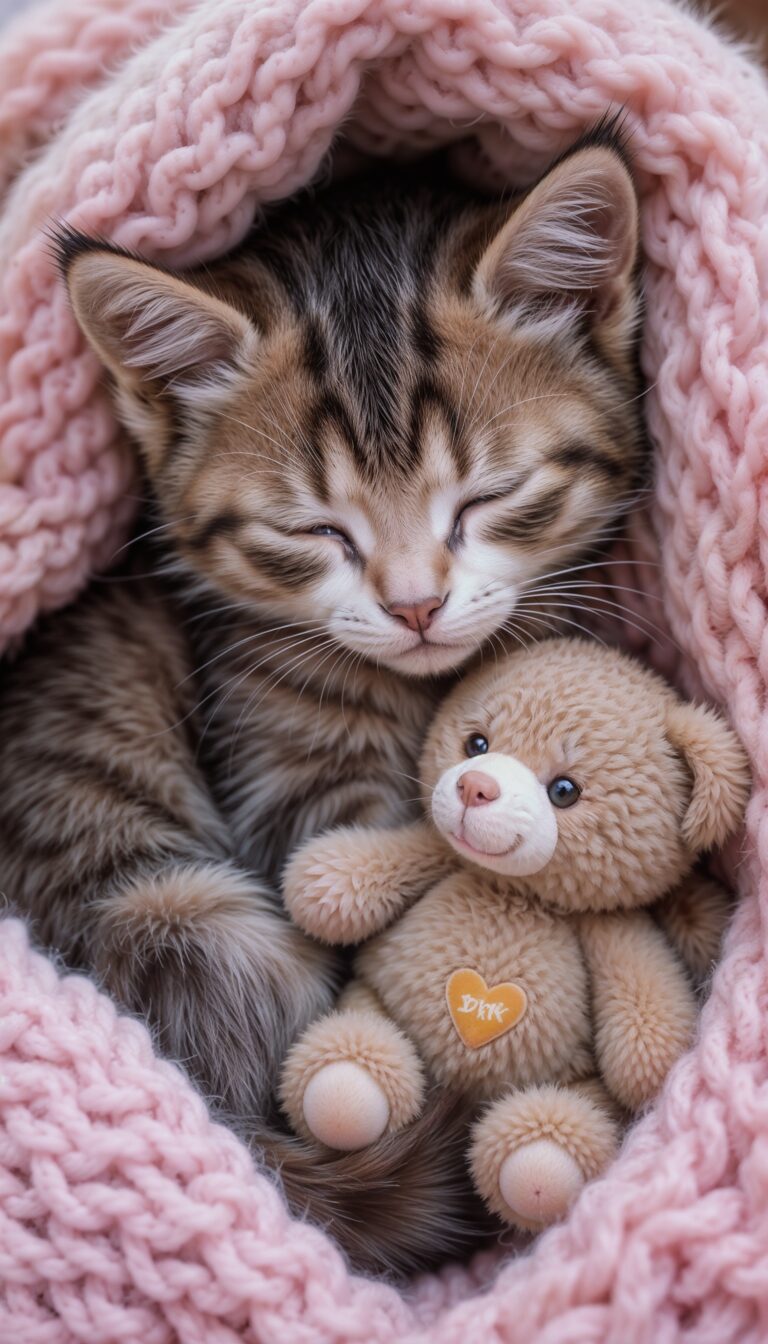 Sleepy_Kitten_With_Teddy_Bear_Under_Pink_Knitted_Blanket_Cute_Wallpaper_For_Phone
