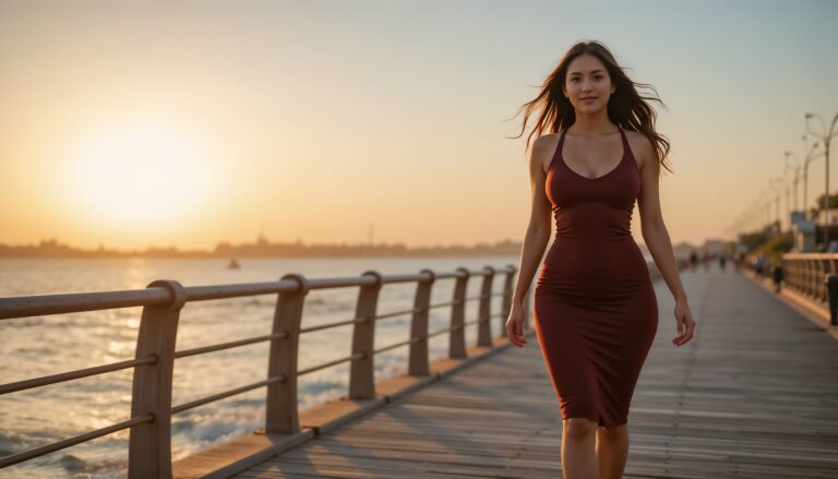 Slim_Thick_Woman_In_Maroon_Bodycon_Dress_Walking_On_Boardwalk_At_Golden_Hour_Bodycon_Dress_Photoshoot_Poses