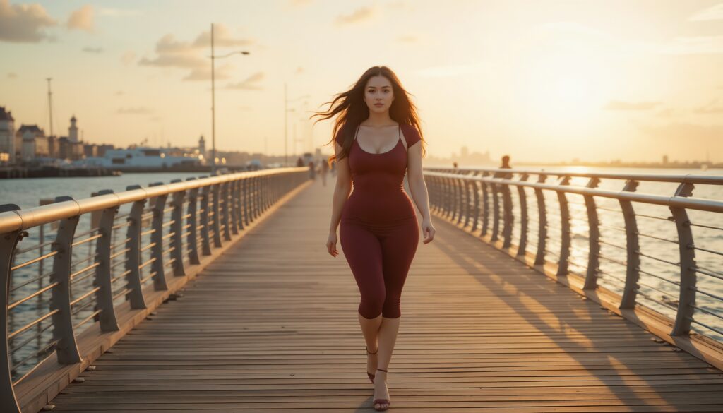 Slim_Thick_Woman_In_Maroon_Bodycon_Dress_Walking_On_Boardwalk_At_Golden_Hour_Bodycon_Dress_Photoshoot_Poses