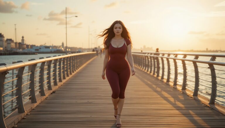 Slim_Thick_Woman_In_Maroon_Bodycon_Dress_Walking_On_Boardwalk_At_Golden_Hour_Bodycon_Dress_Photoshoot_Poses
