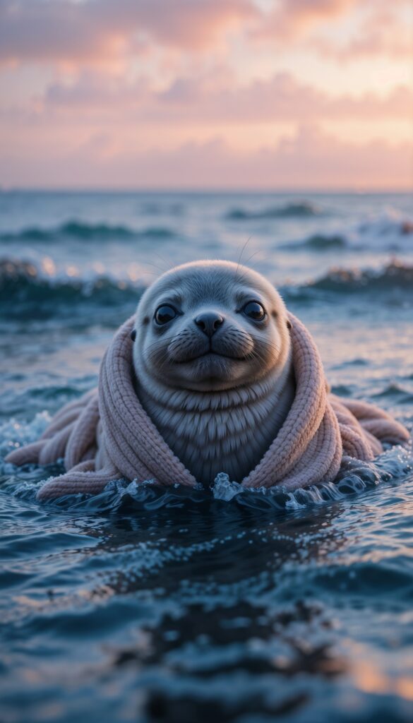 Smiling_Baby_Seal_In_Soft_Blanket_On_Ocean_With_Pink_Sunset_Cute_Wallpaper_For_Phone