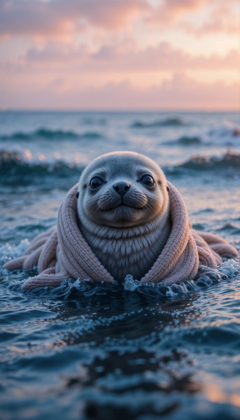 Smiling_Baby_Seal_In_Soft_Blanket_On_Ocean_With_Pink_Sunset_Cute_Wallpaper_For_Phone