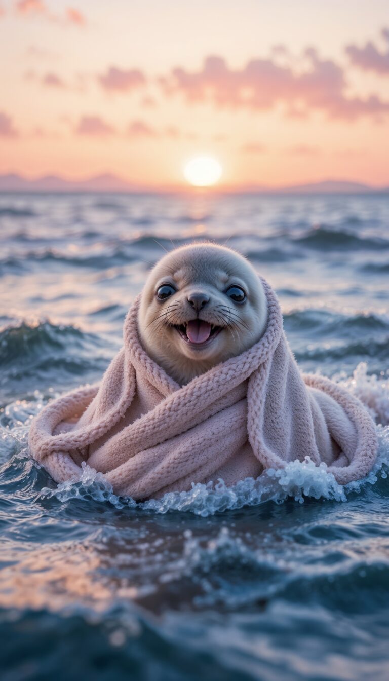 Smiling_Baby_Seal_In_Soft_Blanket_On_Ocean_With_Pink_Sunset_Cute_Wallpaper_For_Phone