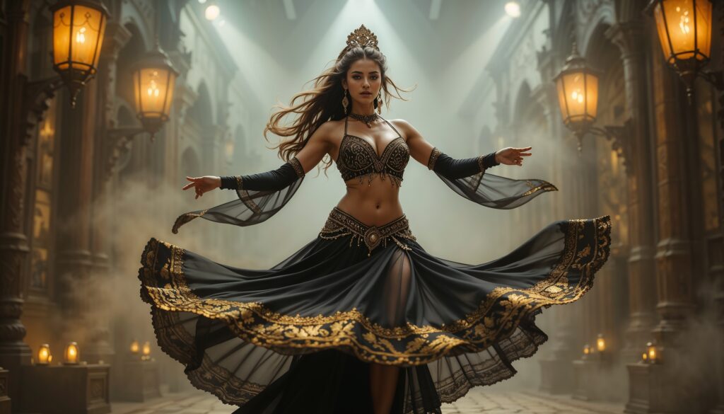 Spinning_Curvy_Belly_Dancer_in_Shiny_Golden and Black_Outfit_In_Lantern_Lit_Studio_mobile_phone_wallpaper_HD