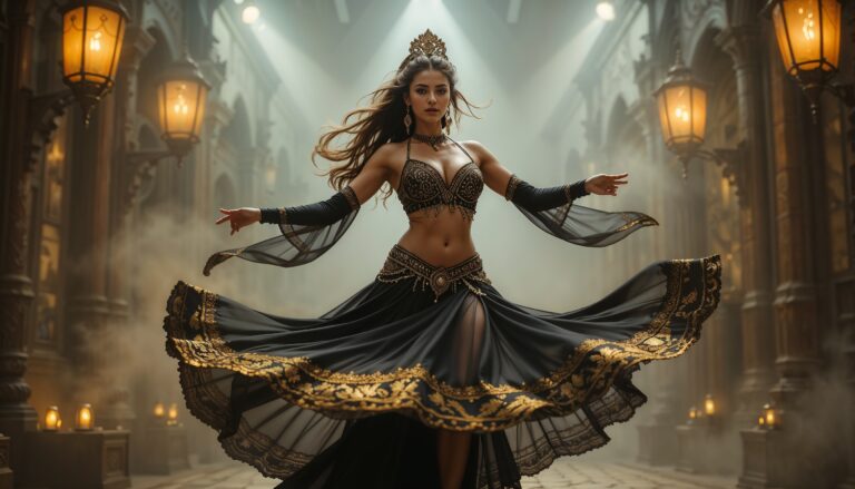Spinning_Curvy_Belly_Dancer_in_Shiny_Golden and Black_Outfit_In_Lantern_Lit_Studio_mobile_phone_wallpaper_HD