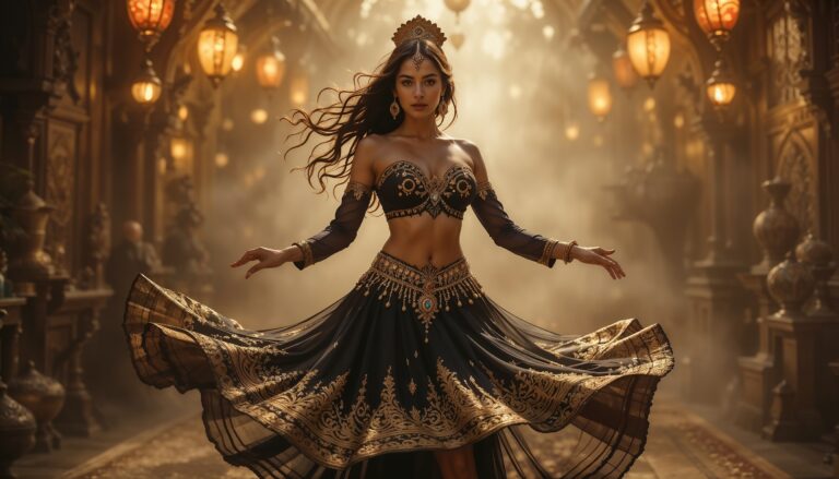 Spinning_Curvy_Belly_Dancer_in_Shiny_Golden and Black_Outfit_In_Lantern_Lit_Studio_mobile_phone_wallpaper_HD