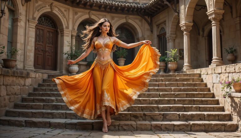 Stone_Steps_Curvy_Belly_Dancer_In_Orange_And_Gold_Costume_mobile_phone_wallpaper_HD