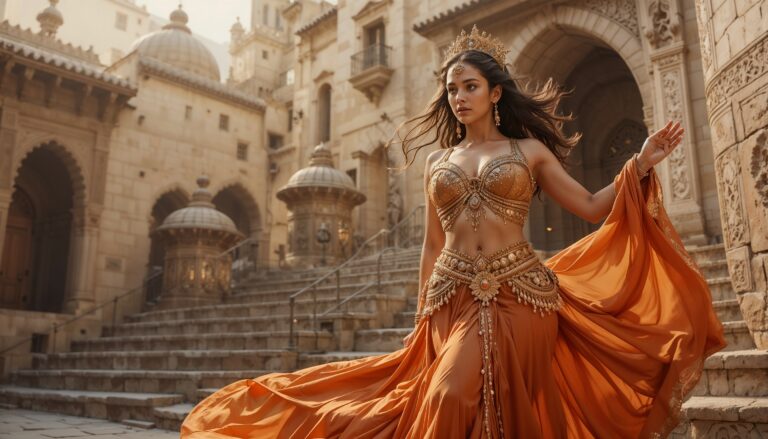Stone_Steps_Curvy_Belly_Dancer_In_Orange_And_Gold_Costume_mobile_phone_wallpaper_HD
